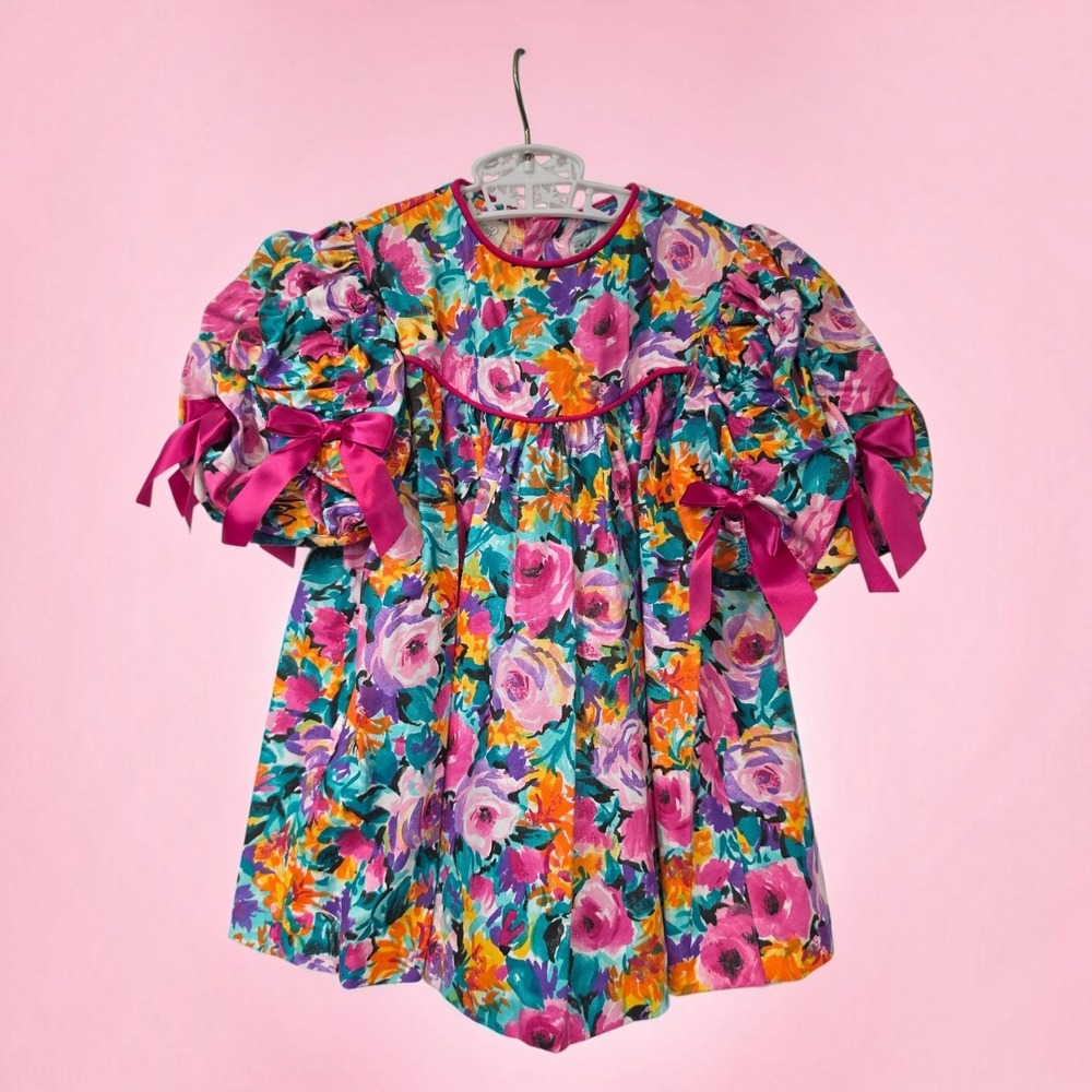 Rare Editions Vintage Floral Puff Sleeve Bow Dress Pink Orange Teal 4T H21262 A